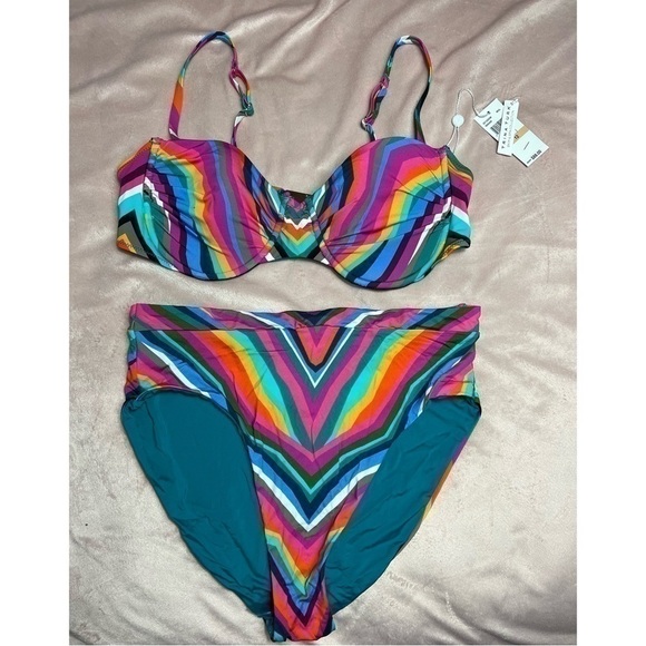 Trina Turk Rainbow Louvre High Waist Bottoms & Underwire Swim Size 10 12 Large - Picture 8 of 12